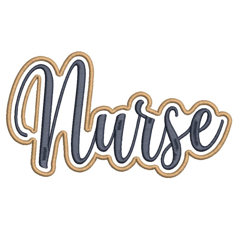 May include: Embroidered design of the word "Nurse" in a cursive script. The word is in a dark blue color, outlined with a gold color, and set against a white background. The design is suitable for apparel or accessories.