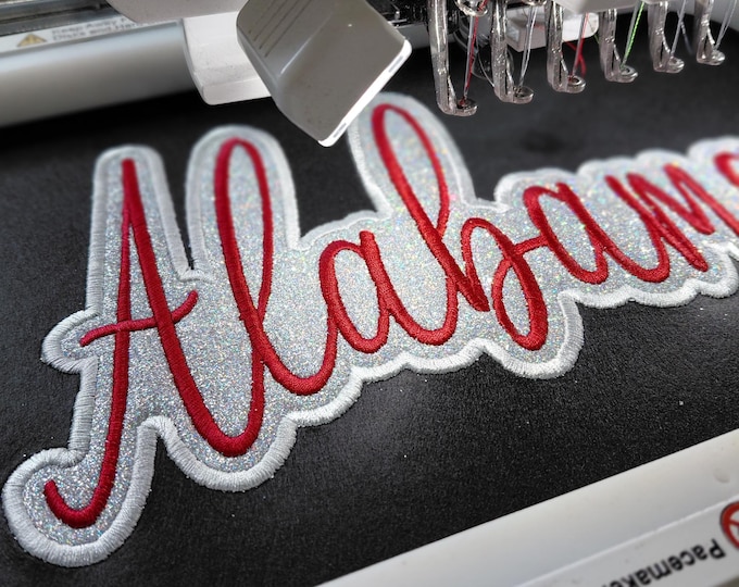 Featured listing image: Alabama Glitter Appliqué Embroidery Design – Game Day Applique Files