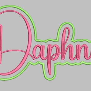 May include: Embroidered design of the name "Daphne" in a cursive font. The name is in pink with a green outline, set against a gray background. The design is likely for a personalized item.