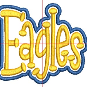 May include: Embroidered patch featuring the word "Eagles" in yellow, outlined in blue. The letters have a rounded, stylized design. The patch is likely for apparel or accessories, representing a team or organization.
