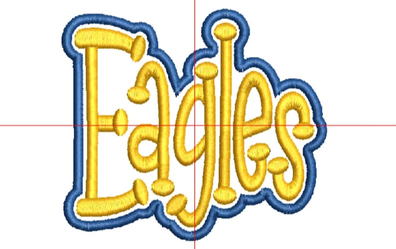 May include: Embroidered patch featuring the word "Eagles" in yellow, outlined in blue. The letters have a rounded, stylized design. The patch is likely for apparel or accessories, representing a team or organization.