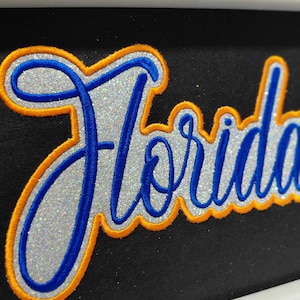 Pode incluir: Patch bordado com a palavra "Florida" em fonte cursiva. As letras são azuis com preenchimento de glitter prateado, contornadas em dourado e azul, sobre um fundo preto.