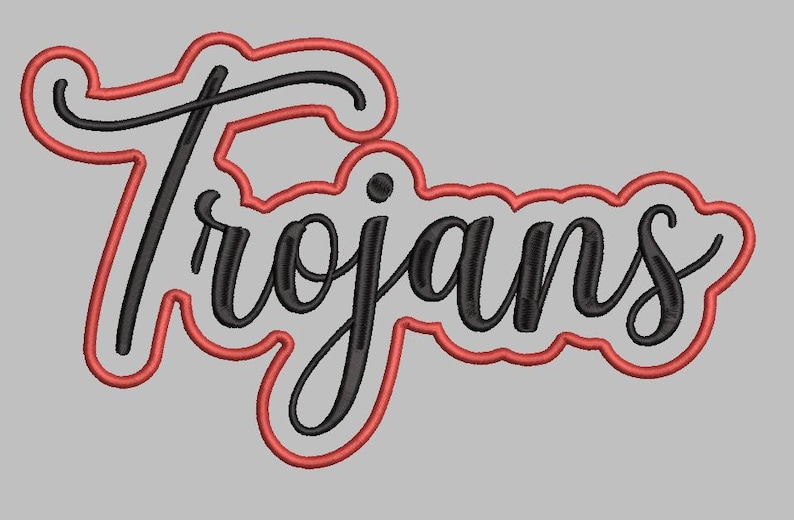May include: The word "Trojans" in a black script font with a red outline. The text is on a gray background. The design is likely for apparel or team merchandise.