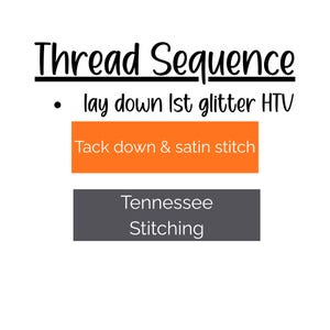 May include: A white background with the words "Thread Sequence" in black script. Below, it lists steps: "lay down 1st glitter HTV", "Tack down & satin stitch", and "Tennessee Stitching" in orange and gray boxes.