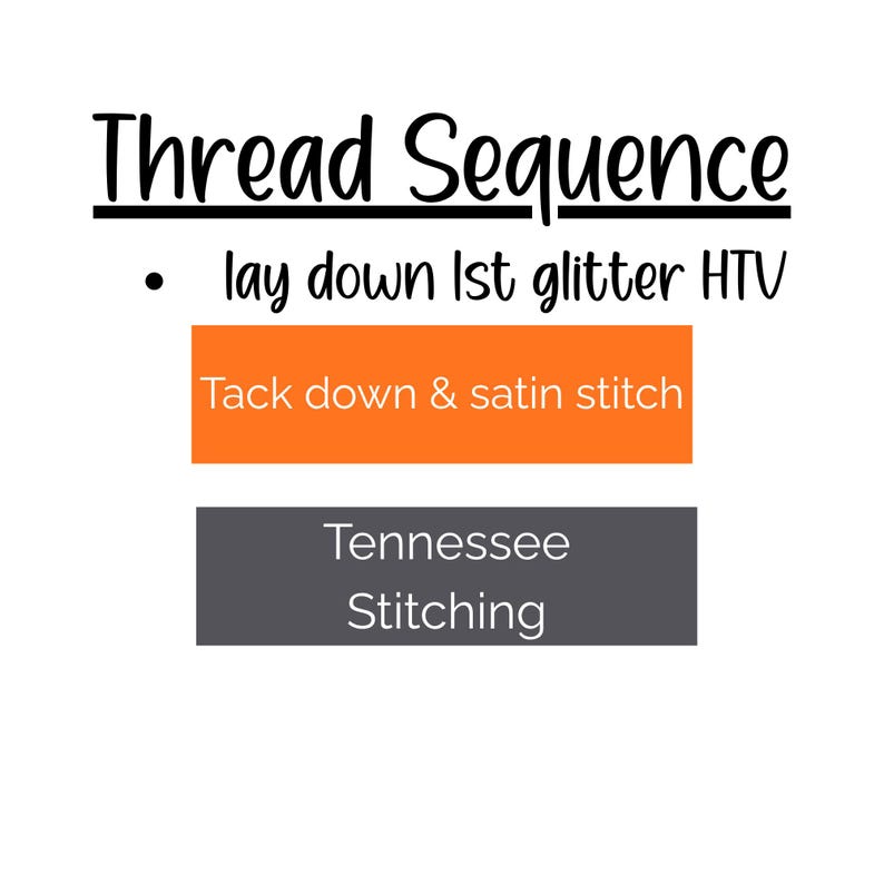 May include: A white background with the words "Thread Sequence" in black script. Below, it lists steps: "lay down 1st glitter HTV", "Tack down & satin stitch", and "Tennessee Stitching" in orange and gray boxes.