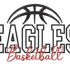 May include: A black and white graphic design featuring the word "EAGLES" in a bold, outlined font, with a basketball graphic above. Below, the word "Basketball" is written in a cursive, red font. The design is likely for a sports team.