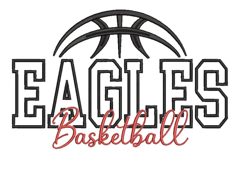 May include: A black and white graphic design featuring the word "EAGLES" in a bold, outlined font, with a basketball graphic above. Below, the word "Basketball" is written in a cursive, red font. The design is likely for a sports team.