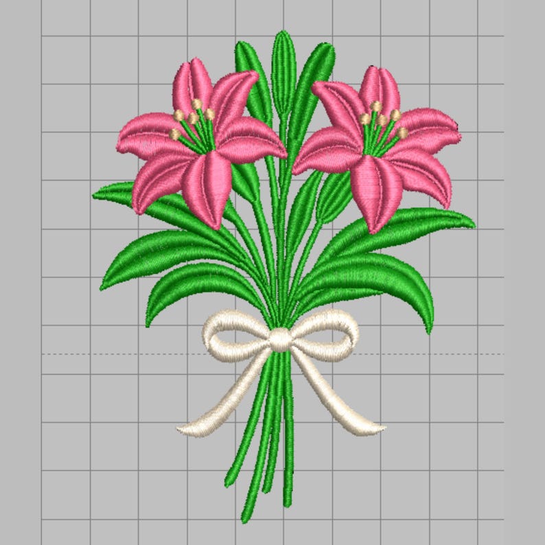 May include: Embroidered bouquet of pink lilies with green leaves and stems, tied with a white bow. The floral design is set against a gray grid background, showcasing the detailed stitching.