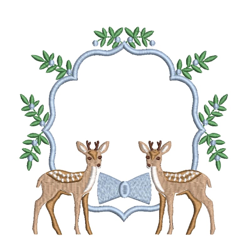 May include: An embroidered design featuring two deer facing each other, framed by a light blue arch with green foliage. A light blue bow is centered below the deer. The deer are brown with white spots.