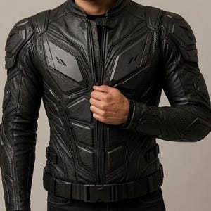 May include: A black leather motorcycle jacket featuring molded protective armor panels on the shoulders, chest, and arms. The jacket includes a high collar, a central front zipper, and an adjustable waist belt with a black plastic buckle closure.