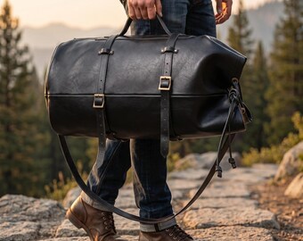 Full Grain Leather Duffle Bag, 47L Handmade Travel Weekender, Men's Gym Carry On