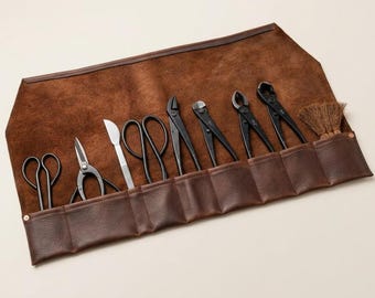 Estuche enrollable de cuero para herramientas de bonsái, funda de piel flor de 9 bolsillos hecha a mano, regalo rústico vintage para