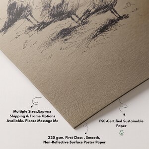 May include: A close-up of a print on a textured, tan poster paper. The artwork features a sketch of birds. The paper is 220 gsm, smooth, and non-reflective. Text on the poster indicates multiple sizes and frame options are available.