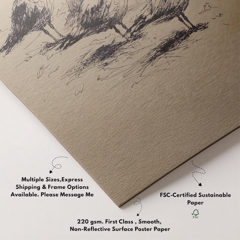 May include: A close-up of a print on a textured, tan poster paper. The artwork features a sketch of birds. The paper is 220 gsm, smooth, and non-reflective. Text on the poster indicates multiple sizes and frame options are available.
