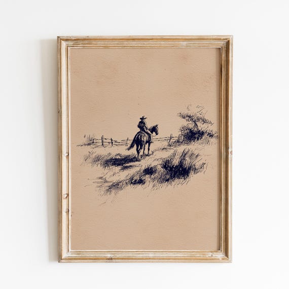 Lonely Cowboy Landscape Sketch | Rustic Western Art | Western Countryside | Farmhouse Western Style | Horse Rider | Wild West Wall Art