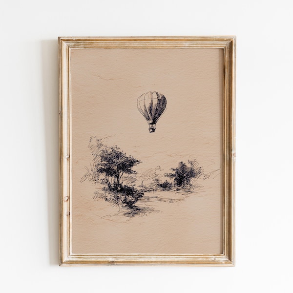 Hot Air Balloon Landscape Sketch Print | Vintage Landscape | Minimalist Nature | Rustic Countryside Decor | Travel Art | Hand Draw Landscape