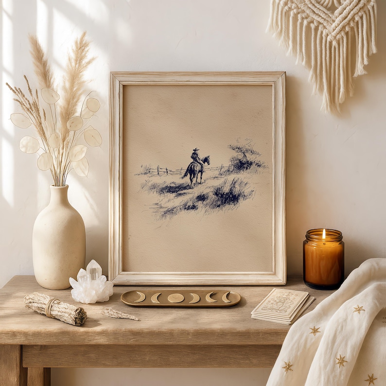 K&ouml;nnte beinhalten: Ein gerahmter Druck mit einem Cowboy auf einem Pferd, in einem dunkelblauen Skizzenstil. Das Kunstwerk ist vor einem beigefarbenen Hintergrund platziert und in hellem Holz gerahmt. Die Szene befindet sich auf einem Holztisch mit dekorativen Gegenst&auml;nden.