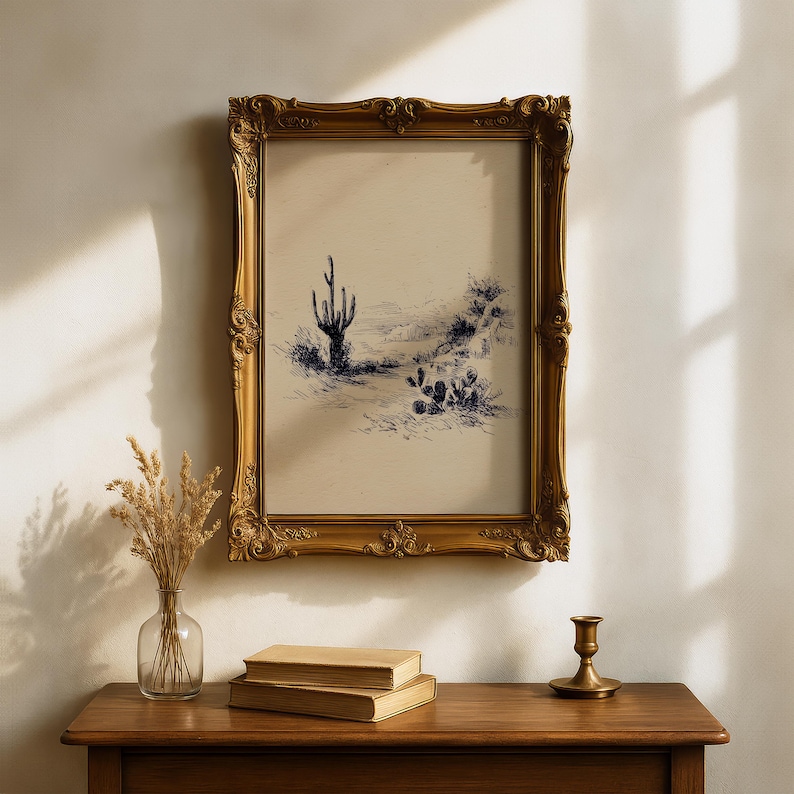 May include: A framed desert landscape art print with a gold ornate frame. The artwork features a blue and white sketch of a cactus and other desert plants. The frame is hanging above a wooden table with books, a vase, and a candle holder.