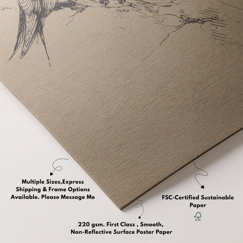 May include: A corner view of a poster with a textured, taupe surface. The poster features a detailed black and white sketch of a bird. Text on the poster reads: "Multiple Sizes, Express Shipping & Frame Options Available. Please Message Me" and "220 gsm. First Class, Smooth, Non-Reflective Surface Poster Paper."