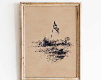 Skiss av amerikansk flagga med kust | Minimalistisk strandflaggateckning | Vintage kustlandskap | Patriotisk kustkonst | Kustflagga med sanddyner
