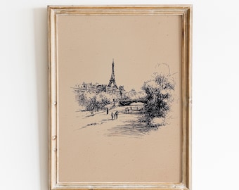 Eiffel Tower Sketch Print | Vintage Paris Street | Romantic French Wall Art | Minimal Eiffel Tower |Eiffel City Drawing | Parisian Landscape