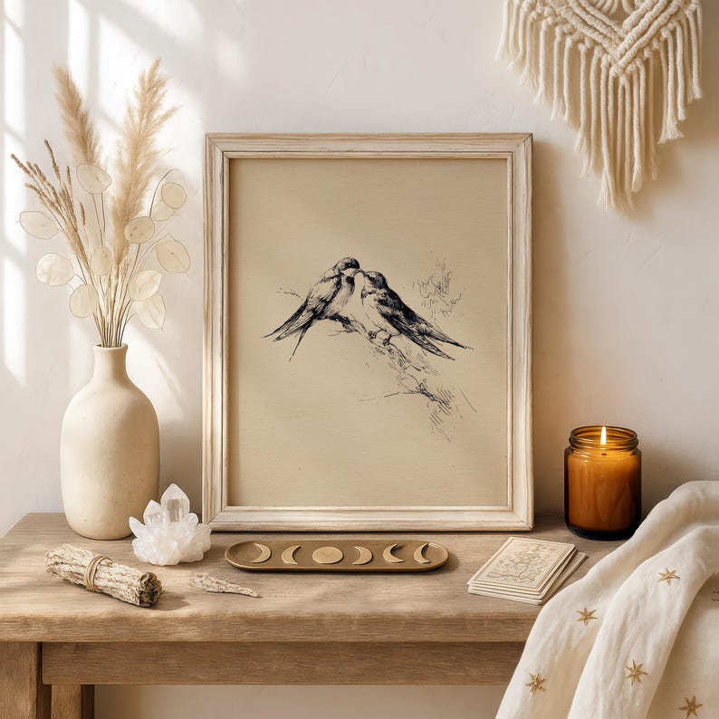 May include: A framed print featuring a black and white illustration of two birds perched on a branch. The artwork is displayed on a wooden table, alongside a vase with dried flowers, a candle, and decorative items. The frame is a light, neutral color.
