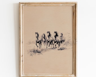 Vintage Horse Sketch Print | Wild Running Horses | Rustic Horse Wall Art | Minimalist Western Horse | Equestrian Poster | Horse Lover Gift