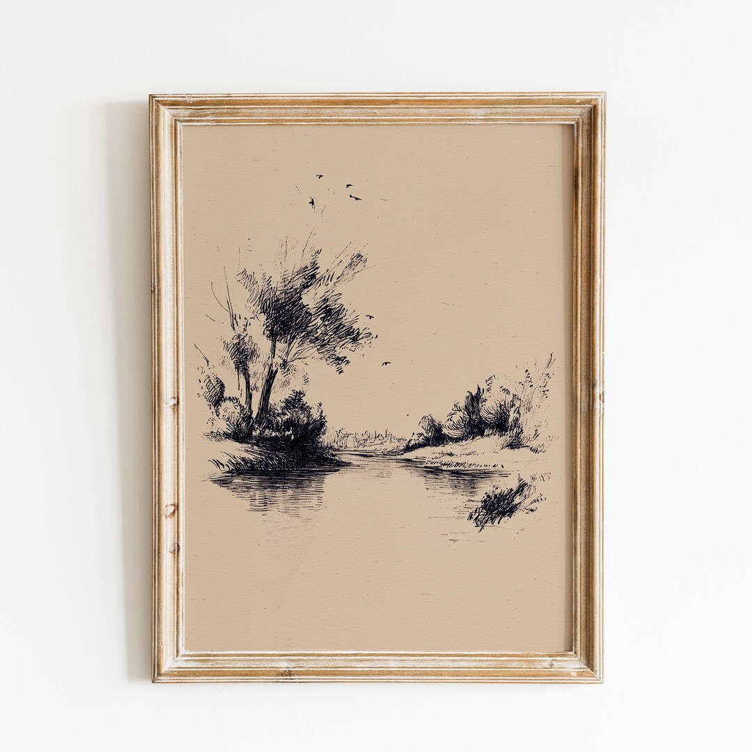 Rustic Draw Minimal River Landscape Sketch | Vintage Countryside | Calm Nature Hand ...