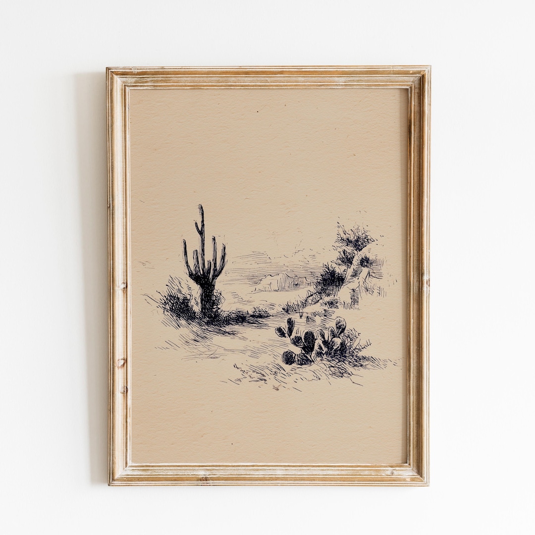 Vintage Desert Landscape Sketch | Rustic Southwest Decor | Cactus ...