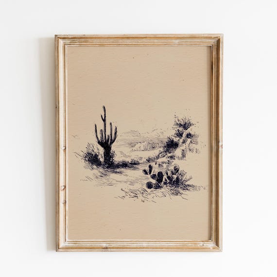 Vintage Desert Landscape Sketch | Rustic Southwest Decor | Cactus Sketch | Arizona Desert | Saguaro Cactus | Antique Western | Boho Desert