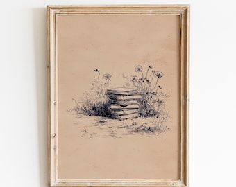Boekstapelschetsprint met bloemen | Cadeau boekenliefhebber | Gezellige leeshoekposter| Bibliotheekdecoratie | Vintage boekdecoratie | Rustieke boekenstapel