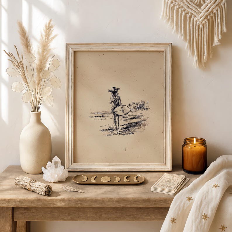 Vintage Cowgirl Surfer Skiss Tryck | Minimal Texas Surfer Handteckning | Retro Coastal Surf Art | Cowgirl Surf Skiss | Surf Coastal Art bild 9