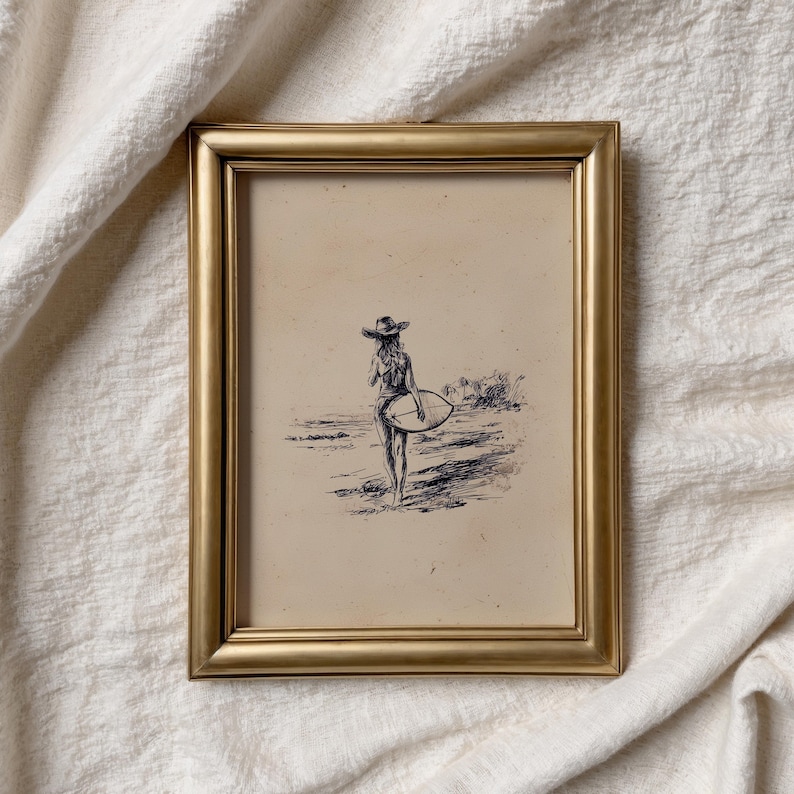 Vintage Cowgirl Surfer Skiss Tryck | Minimal Texas Surfer Handteckning | Retro Coastal Surf Art | Cowgirl Surf Skiss | Surf Coastal Art bild 8