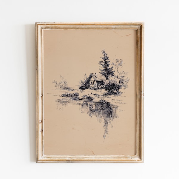 Lakeside Cottage Sketch Print | Rustic Cabin Lake Sketch | Vintage Countryside Landscape | Peaceful Lake House | Minimalist Rural Home Decor