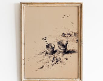 Skisstryck av strandhink | Vintage skiss vid havet | Minimalistisk handteckning av kust | Teckning av sandhink | Neutral stranddekor | Nostalgisk sommar