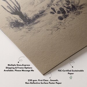 May include: A corner view of a poster with a desert landscape sketch in black ink on a textured, tan paper. The poster is made of 220 gsm, smooth, non-reflective paper. Text on the poster includes "FSC-Certified Sustainable Paper".