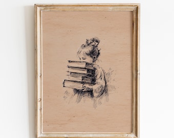 Little Book Lover Girl Sketch Print | Book Nook Decor | Library Decor | Vintage Book Corner Poster | Cozy Reading Nook |  Book Lover Gift