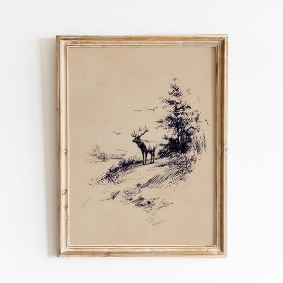 Majestic Stag Sketch Print | Vintage Deer Drawing | Rustic Wildlife Print | Woodland Elk Sketch | Minimal Animal Art | Forest Deer Vintage