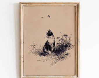 Gato preto e branco no prado | Esboço de gato com flores | Gato vintage desenhado à mão | Gato relaxando | Presente para amante de gatos | Retrato de gato preto