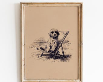 Goldendoodle am Strand Skizze Druck | Vintage goldendoodle | Goldendoodle Hand gezeichnet | Retro Goldendoodle | Lustiger Goldendoodle Hund