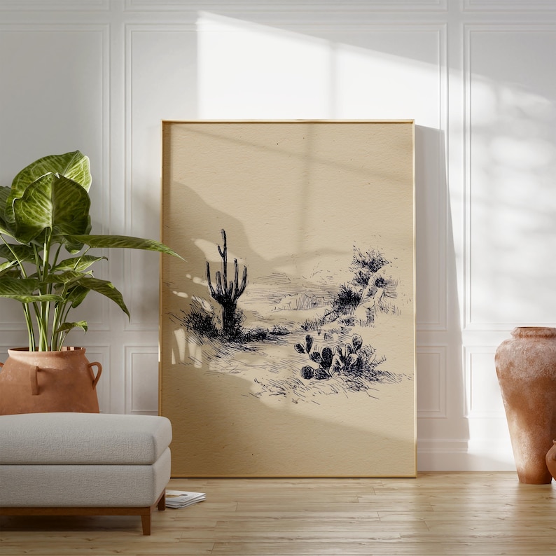Vintage Desert Landscape Sketch | Rustic Southwest Decor | Cactus ...