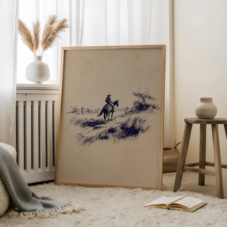 K&ouml;nnte beinhalten: Ein gerahmter Druck mit einer blau getuschten Zeichnung eines Cowboys auf einem Pferd. Das Kunstwerk zeigt einen Cowboy, der durch ein grasbewachsenes Feld mit einem Zaun im Hintergrund reitet. Der Rahmen besteht aus hellem Holz und der Druck hat eine Vintage-&Auml;sthetik.