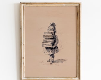 Little Book Lover Girl Sketch Print | Book Nook Decor | Library Decor | Vintage Book Corner Poster | Cozy Reading Nook |  Book Lover Gift