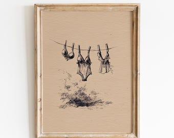 Vintage Swimsuit Sketch | Tropical Coastal Art | Swimsuit and Bikini Decor | Beach House Decor | Summer Time Print | Vintage Coastal Decor