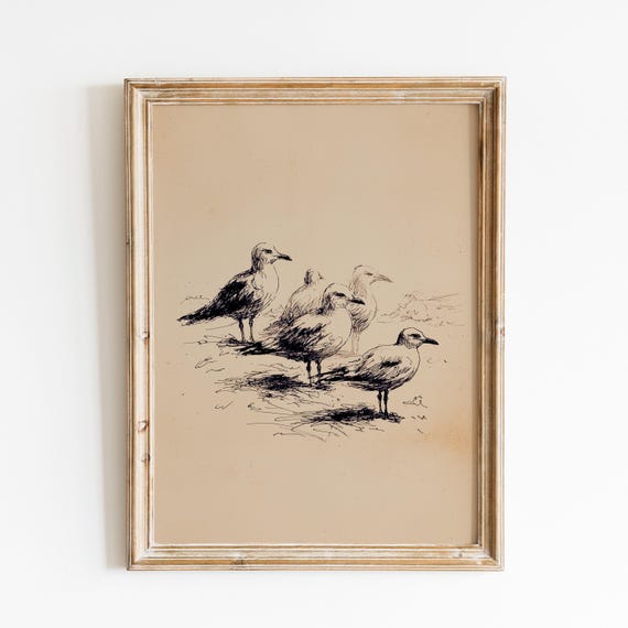 Vintage Seagull Sketch Print | Minimal Seagull Art | Beach Bird Print | Hand Drawn Coastal Art | Calm Seaside Illustration | Neutral Beach