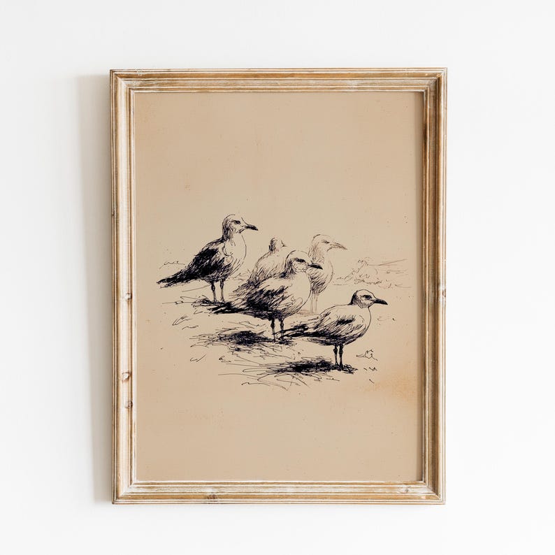 May include: Framed vintage print featuring a pen and ink drawing of five seagulls. The artwork is in black and white, set against a tan background, and encased in a gold-toned wooden frame. The seagulls are depicted in a detailed, realistic style.