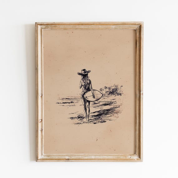 Vintage Cowgirl Surfer Sketch Print | Minimal Texas Surfer Hand Drawing | Retro Coastal Surf Art | Cowgirl Surf Sketch | Surf Coastal Art