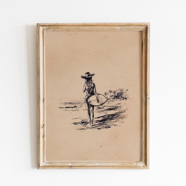 Vintage Cowgirl Surfer Skizze Druck | Minimalistischer Texas Surfer Handzeichnung | Retro Küstensurfende Kunst | Cowgirl Surfen Skizze | Brandung Küstenkunst
