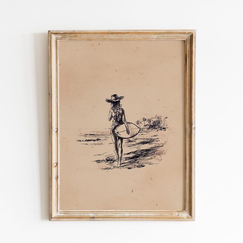 Vintage Cowgirl Surfer Skiss Tryck | Minimal Texas Surfer Handteckning | Retro Coastal Surf Art | Cowgirl Surf Skiss | Surf Coastal Art bild 1