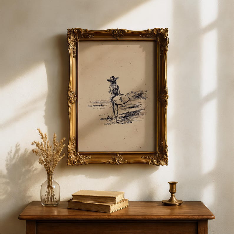 Vintage Cowgirl Surfer Skiss Tryck | Minimal Texas Surfer Handteckning | Retro Coastal Surf Art | Cowgirl Surf Skiss | Surf Coastal Art bild 5
